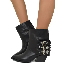 Cowboy Ankle Boots with Gaiter and Silver Buckles, Bold Genuine Black