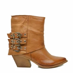Cowboy Ankle Boots with Gaiter Bold Leather Vintage Effect Cognac