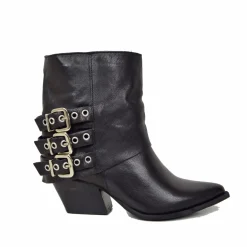 Cowboy Ankle Boots with Gaiter and Silver Buckles, Bold Genuine Black