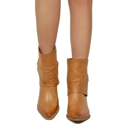 Cowboy Ankle Boots with Gaiter Bold Leather Vintage Effect Cognac