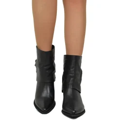Cowboy Ankle Boots with Gaiter and Silver Buckles, Bold Genuine Black