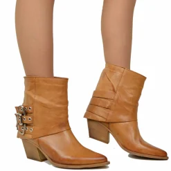 Cowboy Ankle Boots with Gaiter Bold Leather Vintage Effect Cognac