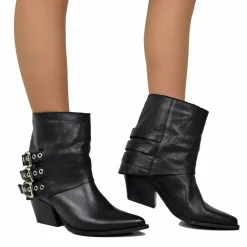 Cowboy Ankle Boots with Gaiter and Silver Buckles, Bold Genuine Black