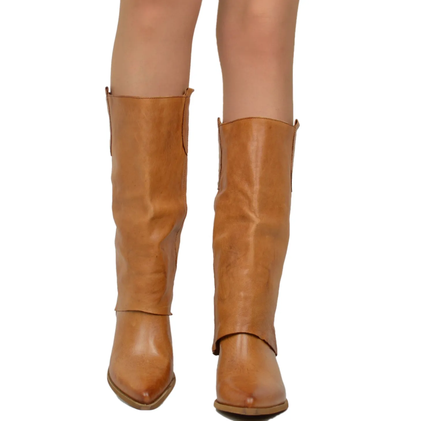 Cowboy Boots with Gaiter Genuine LeatherHandmade Cognac