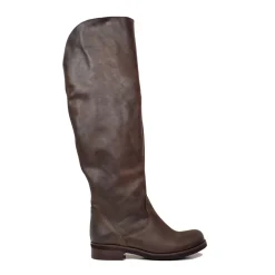 Dark Brown Leather Knee High Boots Low Heel