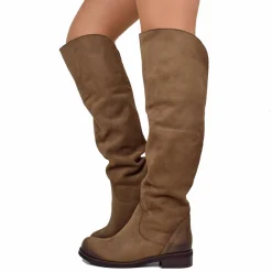 Dark Brown Nabuk Leather Knee High Boots Low Heel