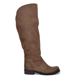 Dark Brown Nabuk Leather Knee High Boots Low Heel