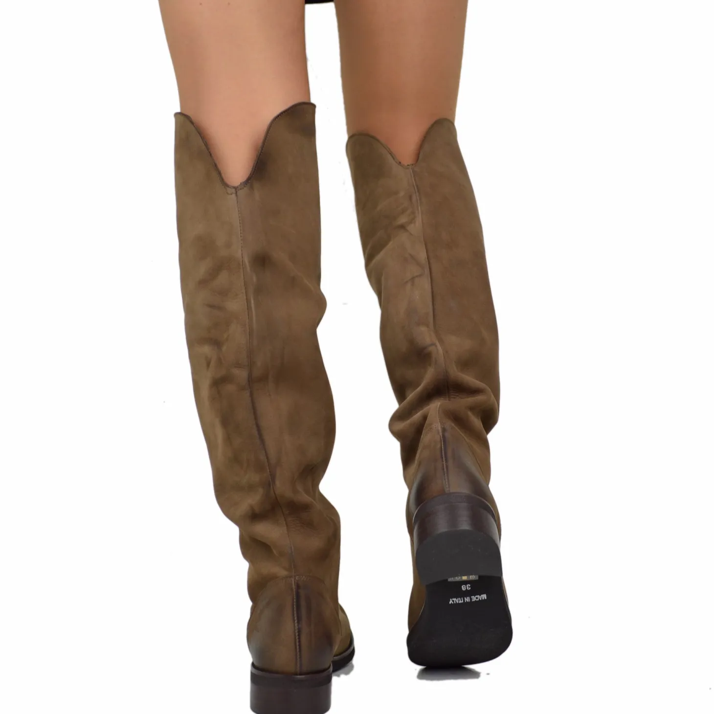 Dark Brown Nabuk Leather Knee High Boots Low Heel