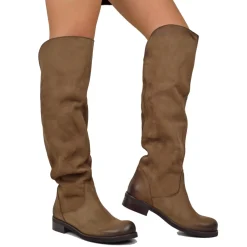 Dark Brown Nabuk Leather Knee High Boots Low Heel