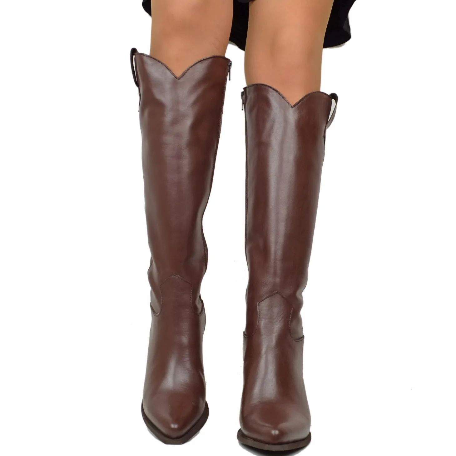Elegant High Texan Boots with Zip Tight Shaft 8cm Heel Genuine Leather