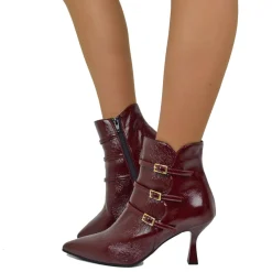 Elegant Spool Heel Ankle Boots in Soft Naplak Patent Burgundy