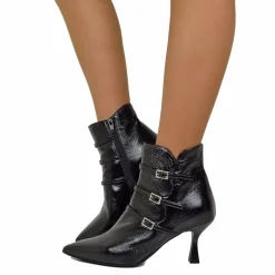 Elegant Spool Heel Ankle Boots in Soft Black Naplak Patent Leather
