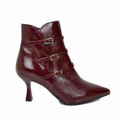 Elegant Spool Heel Ankle Boots in Soft Naplak Patent Burgundy
