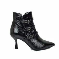 Elegant Spool Heel Ankle Boots in Soft Black Naplak Patent Leather