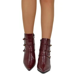Elegant Spool Heel Ankle Boots in Soft Naplak Patent Burgundy