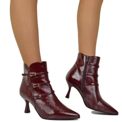 Elegant Spool Heel Ankle Boots in Soft Naplak Patent Burgundy