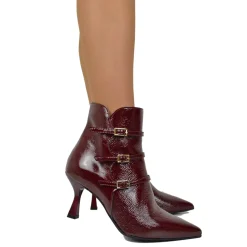 Elegant Spool Heel Ankle Boots in Soft Naplak Patent Burgundy