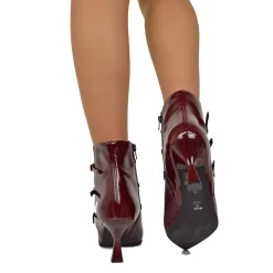 Elegant Spool Heel Ankle Boots in Soft Naplak Patent Burgundy