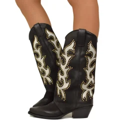 Embroidered and Studded Bicolor Nubuck Leather Texan Cowboy Boots - LI