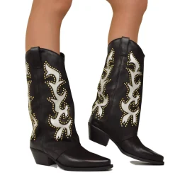 Embroidered and Studded Bicolor Nubuck Leather Texan Cowboy Boots - LI