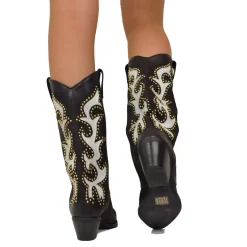 Embroidered and Studded Bicolor Nubuck Leather Texan Cowboy Boots - LI