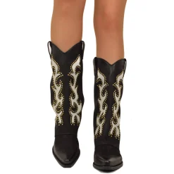 Embroidered and Studded Bicolor Nubuck Leather Texan Cowboy Boots - LI