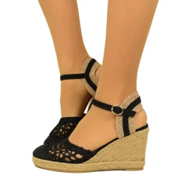 Espadrillas alla Schiava Nere Traforate con Zeppa in Corda