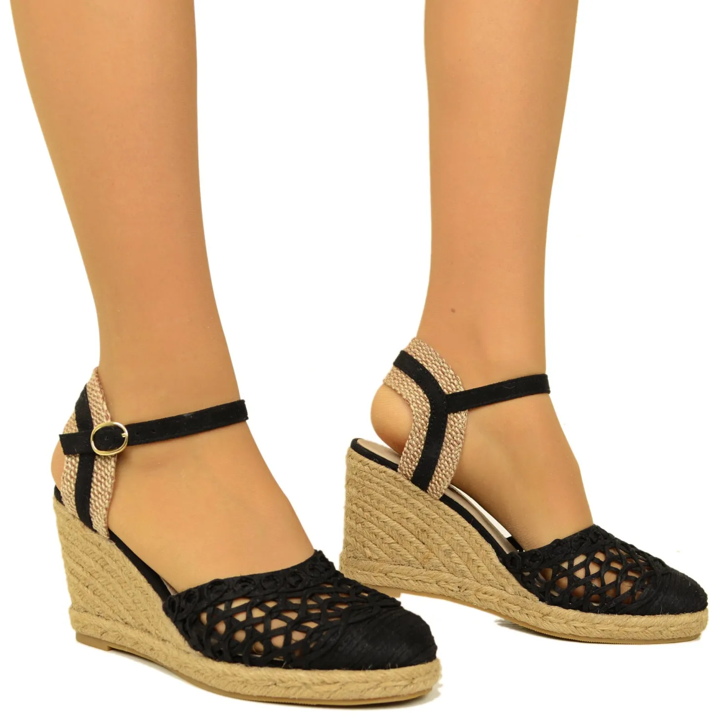 Espadrillas alla Schiava Nere Traforate con Zeppa in Corda