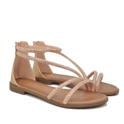 Flat Sandals with Rhinestones and Heel in Simulated Leather Brand Caff