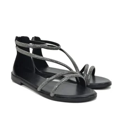 Flat Sandals with Rhinestones and Heel in Simulated Leather Brand Caff