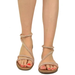 Flat Sandals with Rhinestones and Heel in Simulated Leather Brand Caff