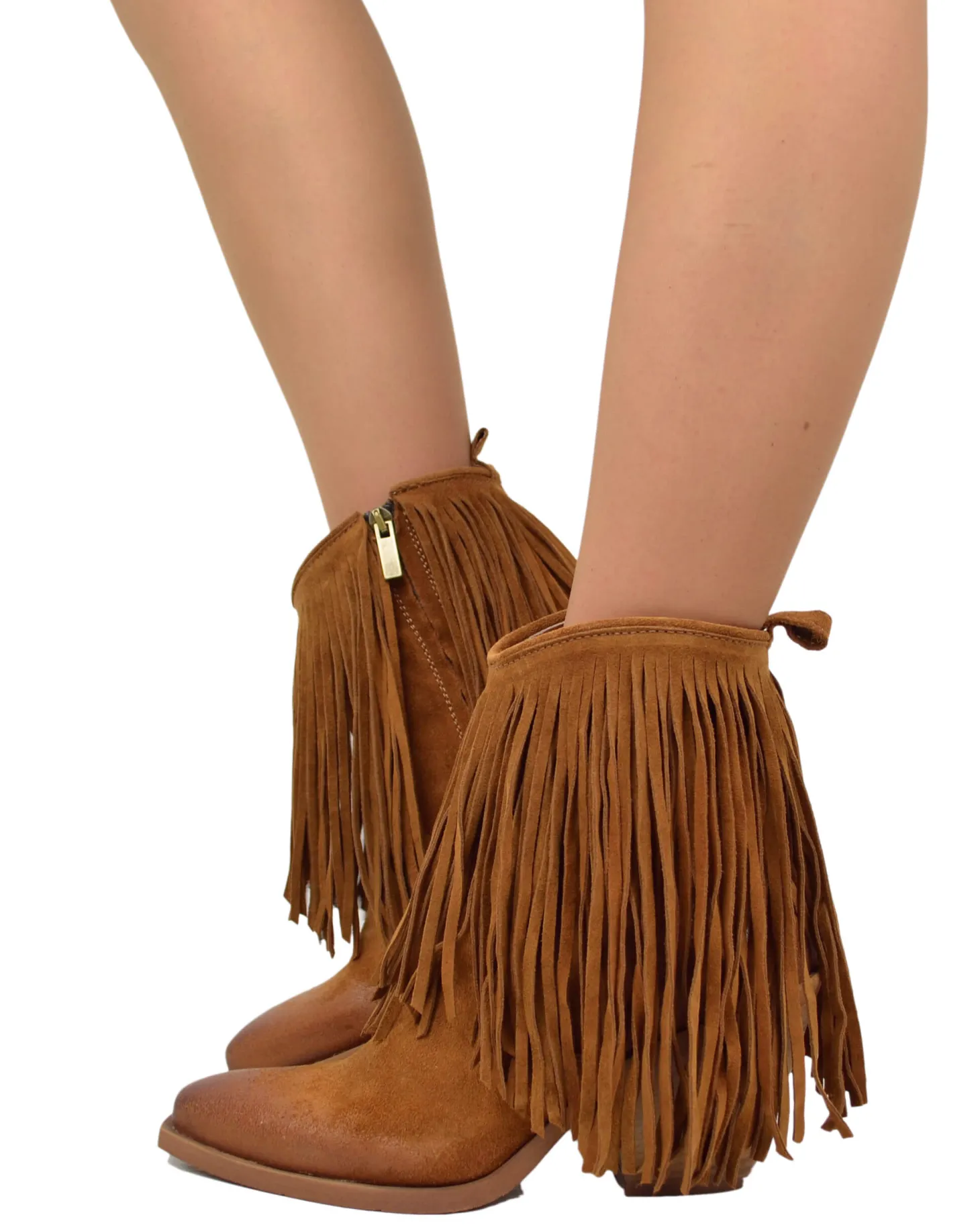 Fringed Ankle Cowboy Boots – High Heel, Suede Tan
