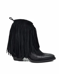 Fringed Ankle Cowboy Boots – High Heel, Black Suede