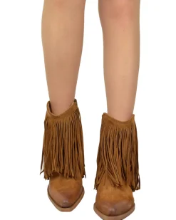 Fringed Ankle Cowboy Boots – High Heel, Suede Tan