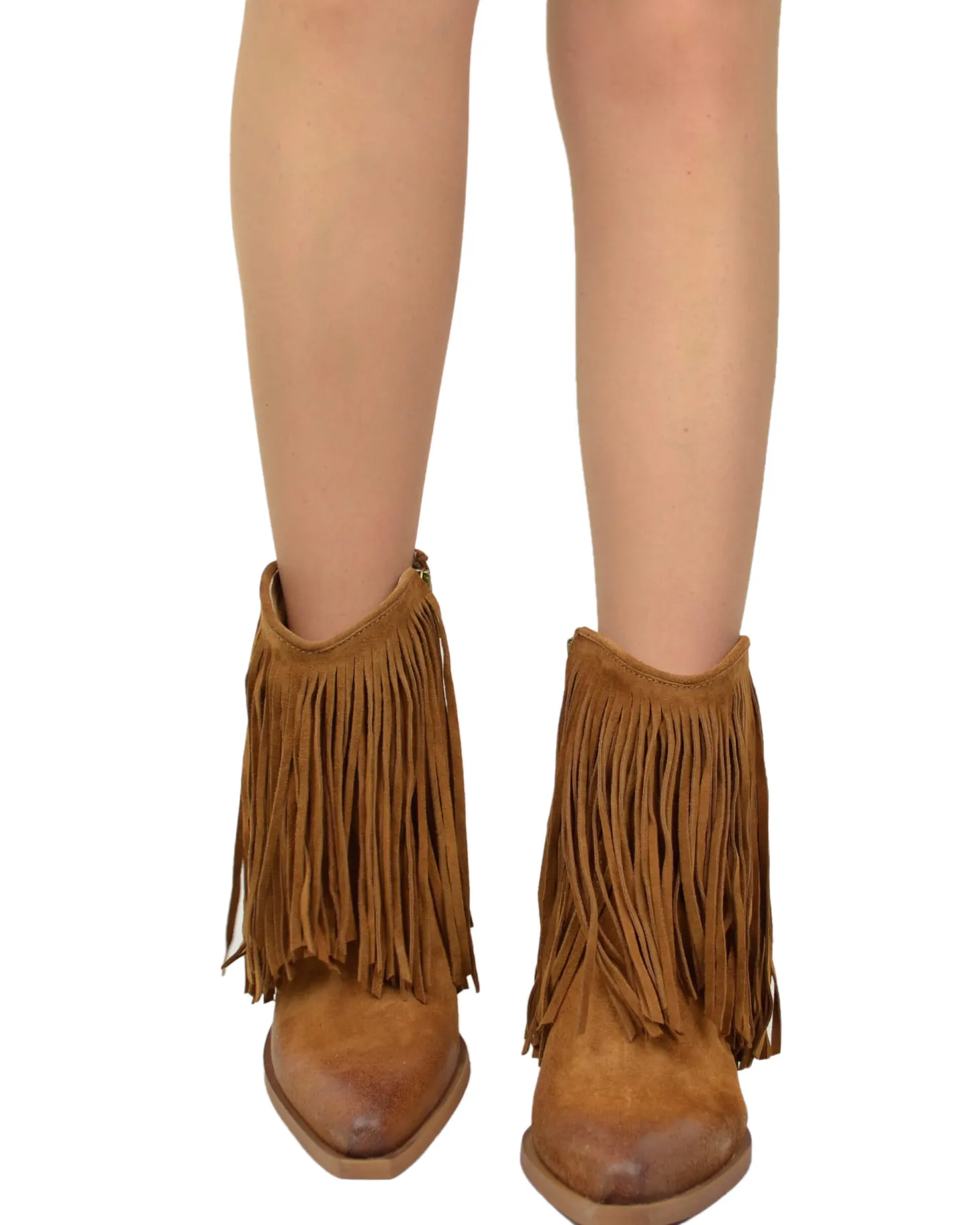 Fringed Ankle Cowboy Boots – High Heel, Suede Tan
