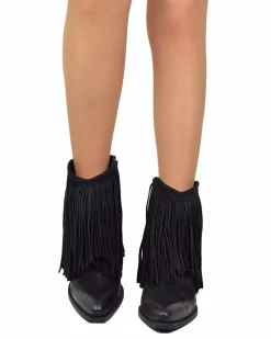 Fringed Ankle Cowboy Boots – High Heel, Black Suede