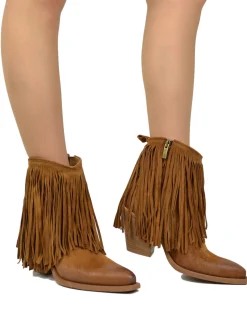 Fringed Ankle Cowboy Boots – High Heel, Suede Tan