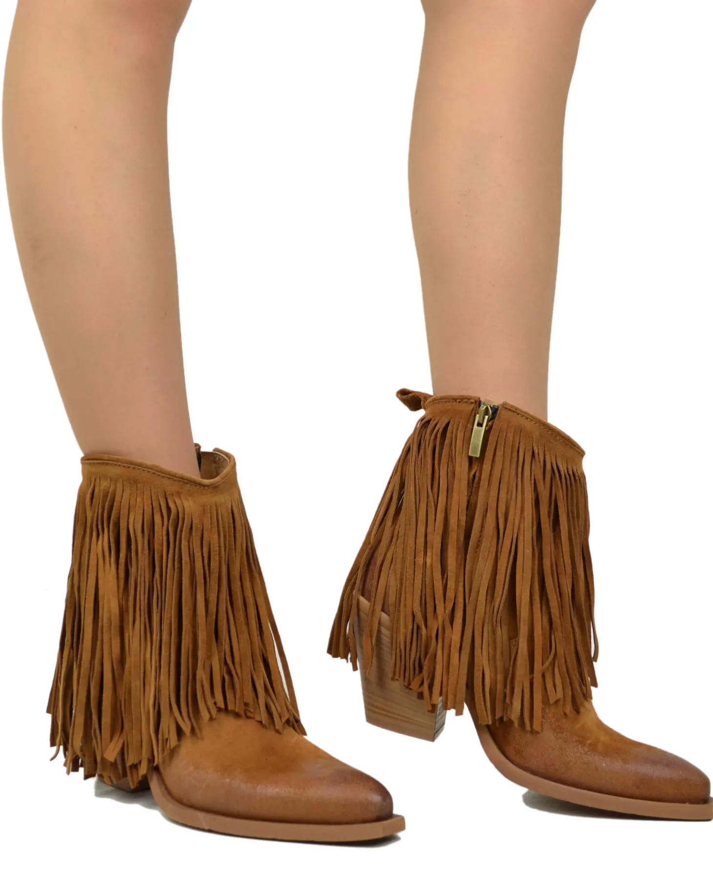 Fringed Ankle Cowboy Boots – High Heel, Suede Tan