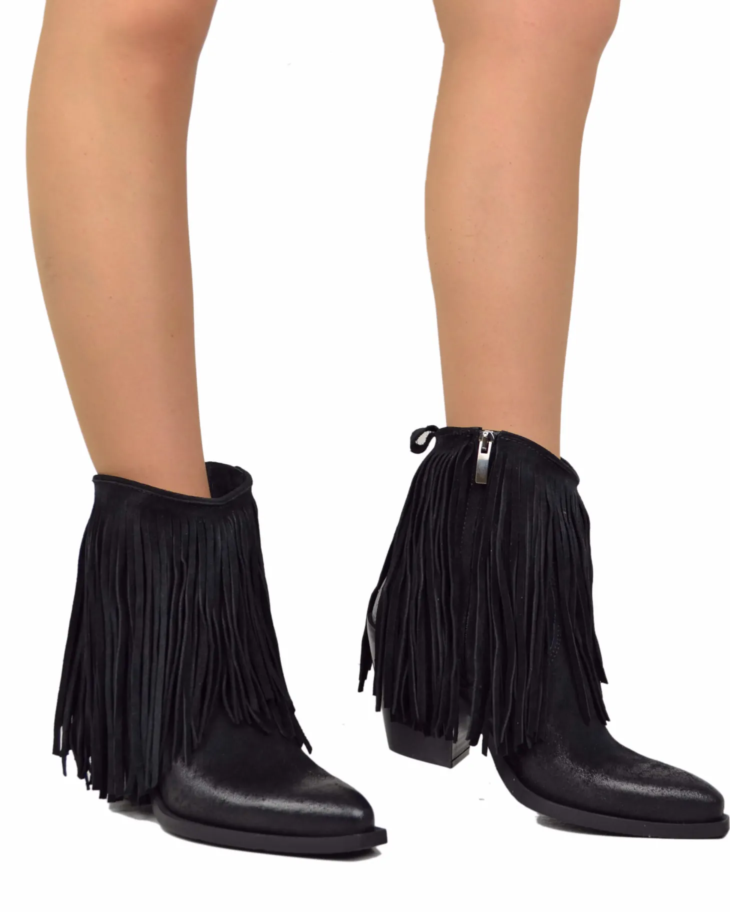 Fringed Ankle Cowboy Boots – High Heel, Black Suede