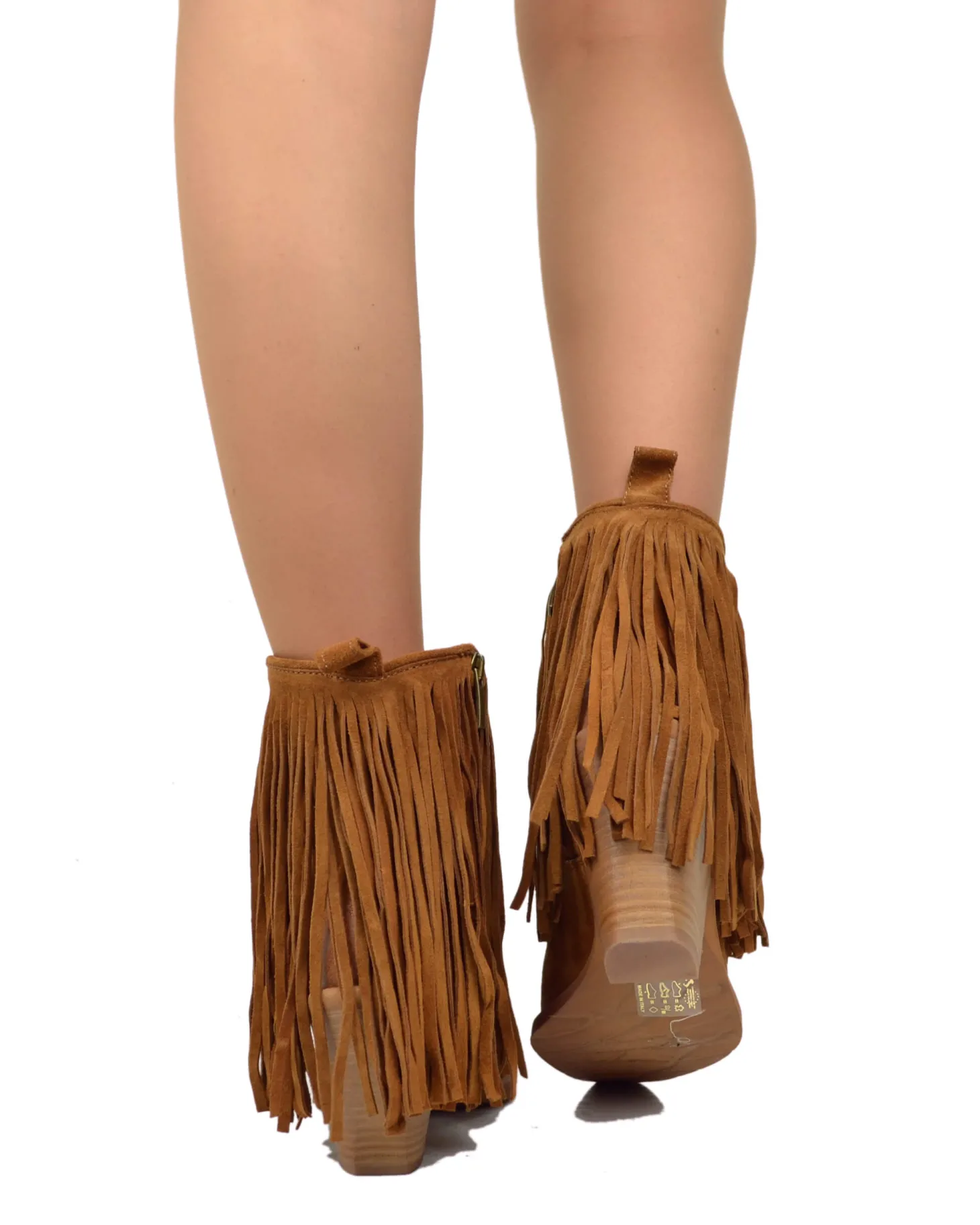 Fringed Ankle Cowboy Boots – High Heel, Suede Tan