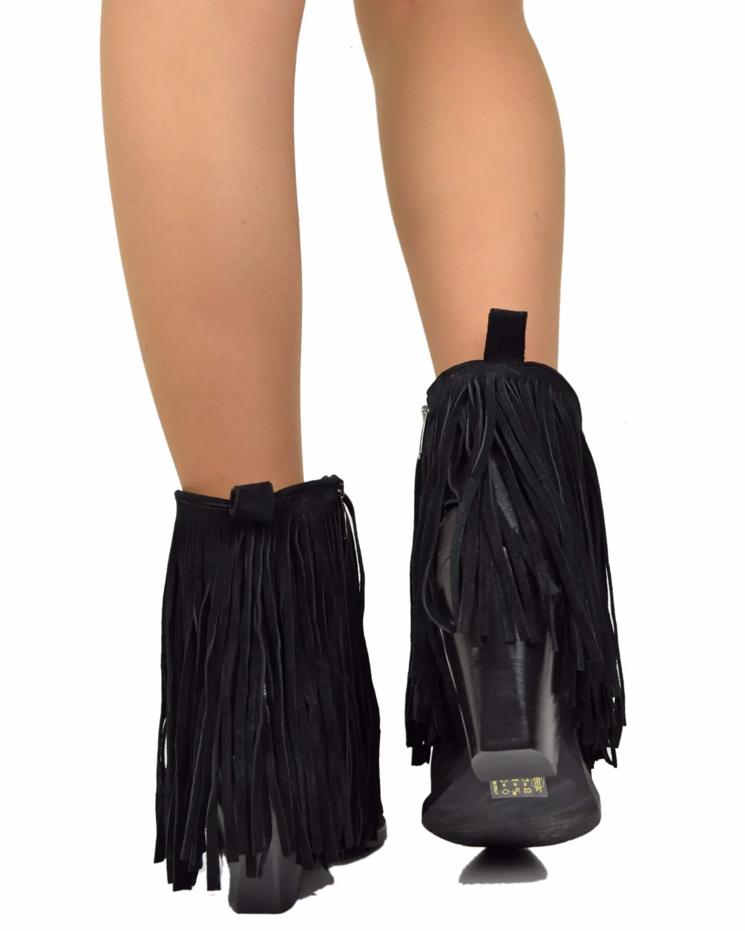 Fringed Ankle Cowboy Boots – High Heel, Black Suede
