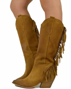 Fringed Western Cowboy Boots in Suede Leather – Tan