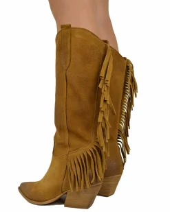 Fringed Western Cowboy Boots in Suede Leather – Tan