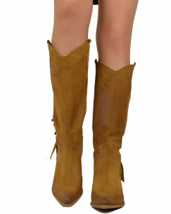Fringed Western Cowboy Boots in Suede Leather – Tan