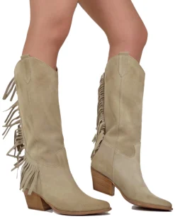Fringed Western Cowboy Boots in Suede Leather Tan