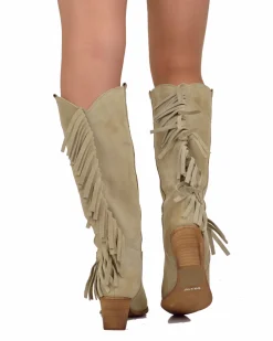 Fringed Western Cowboy Boots in Suede Leather Tan