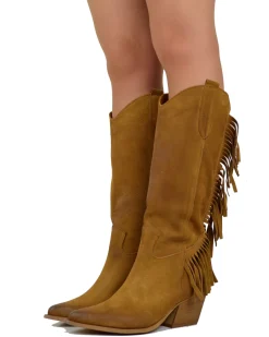 Fringed Western Cowboy Boots in Suede Leather – Tan