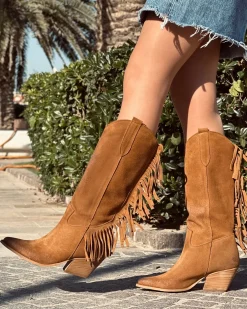 Fringed Western Cowboy Boots in Suede Leather – Tan