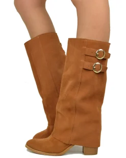 Gaiter Boots with Round Toe and 8 cm Heel in Suede Leather Brown