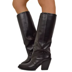 High Cowboy Texan Boots with Gaiter, Smooth Leather, High Heel, Black